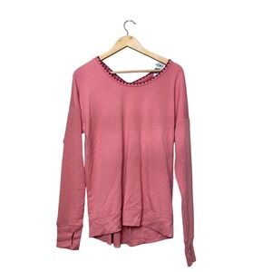 Marika Balance Rose Blossom Pink Embroidered V-Neck Sweatshirt Thumbholes Large